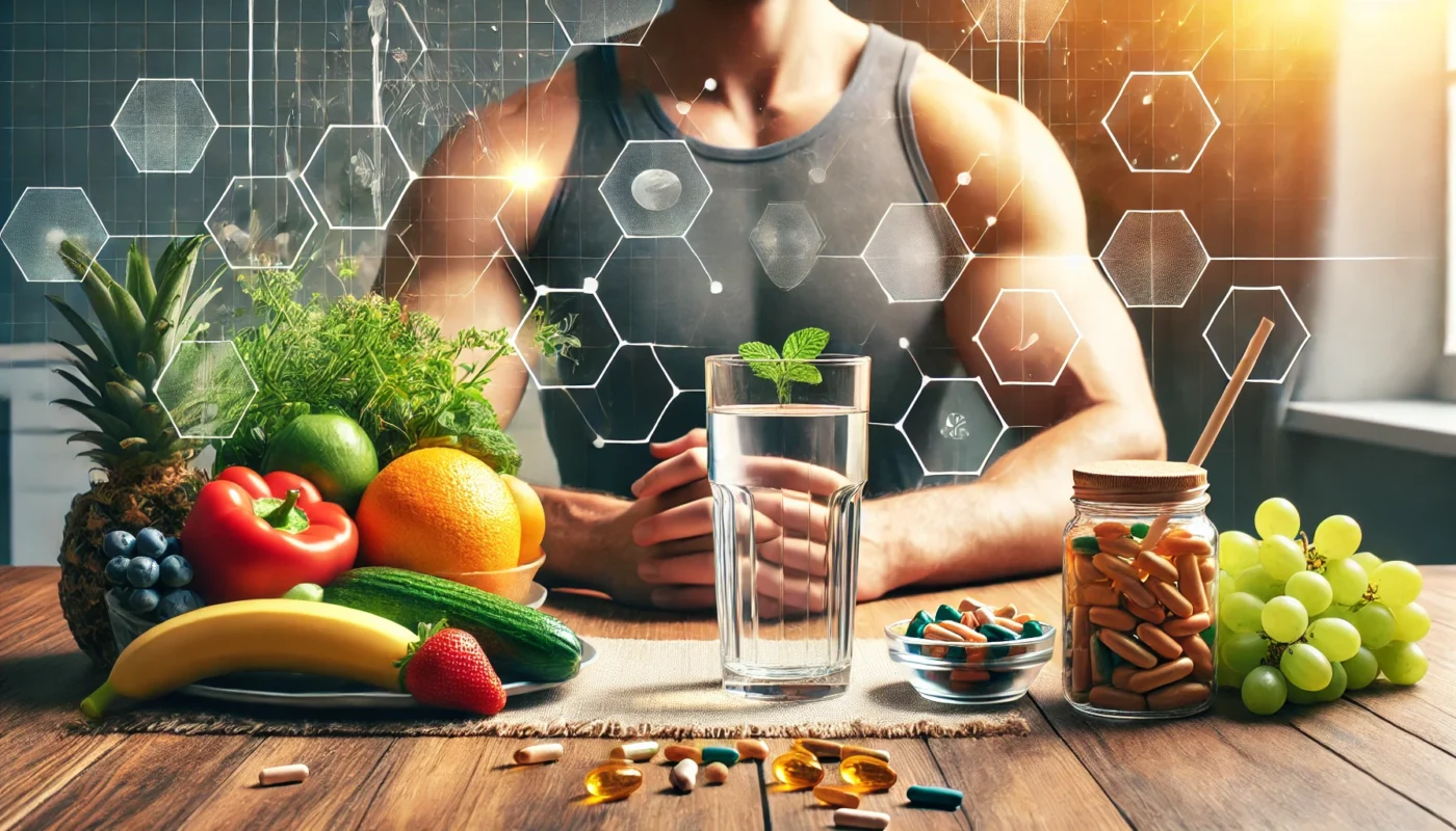 A person sitting at a table with vitamin supplements, fresh fruits, and vegetables, symbolizing a holistic approach to muscle recovery.