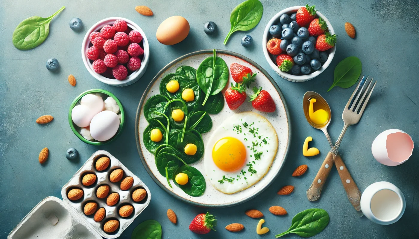 A breakfast scene featuring scrambled eggs, sautéed spinach, mixed berries, and almonds, highlighting vitamins essential for muscle repair and growth.