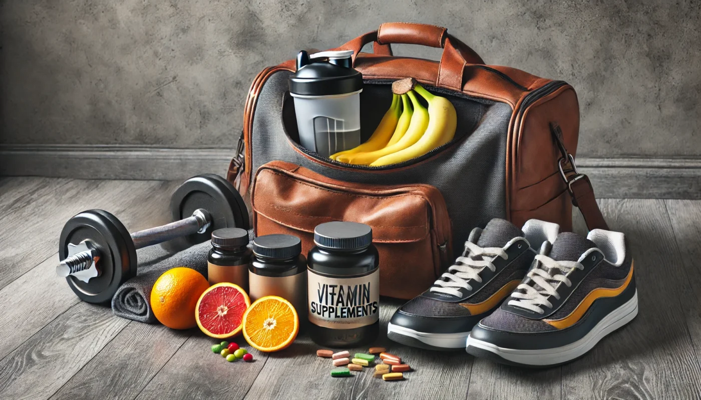 A gym bag with a shaker bottle, vitamin supplements, and fresh fruits like bananas and oranges, representing post-workout recovery essentials.