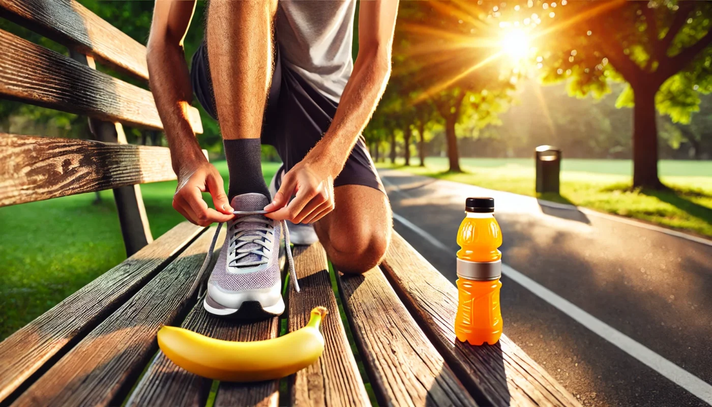 A runner tying their shoes on a park bench with a banana and energy drink nearby, symbolizing preparation and energy for a workout.