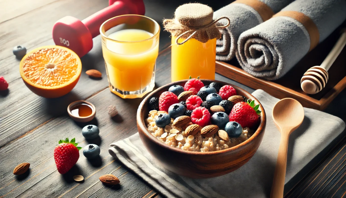 A breakfast scene with oatmeal, fresh berries, nuts, honey, and orange juice, highlighting energy-boosting nutrition for exercise."