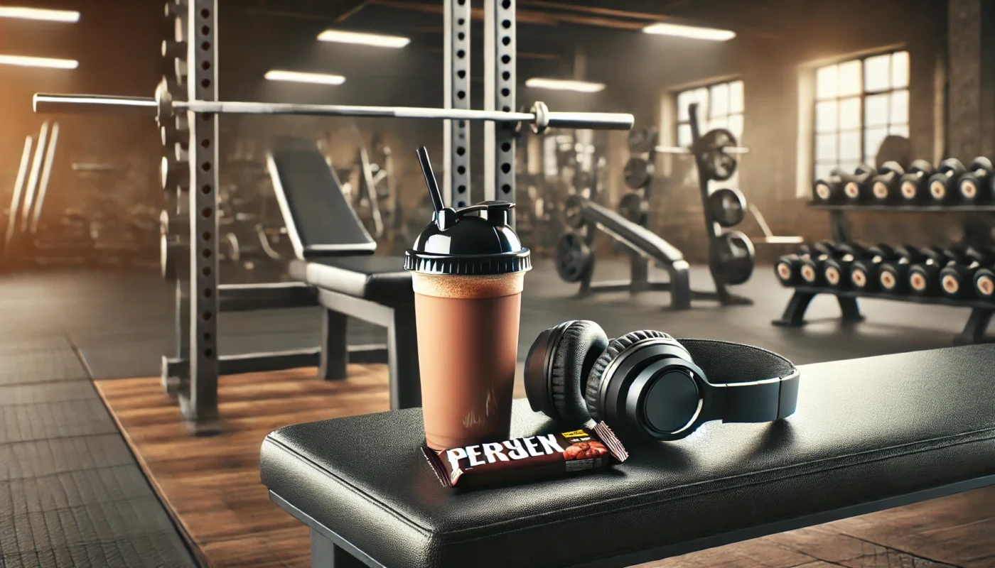 A gym bench with a protein shake, energy bar, and headphones, emphasizing readiness and energy for a workout.