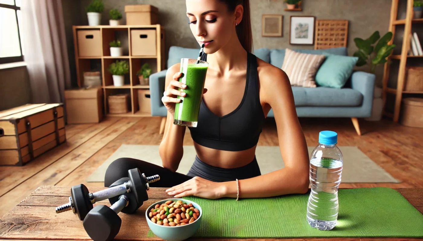 A fitness enthusiast sipping a green smoothie on a yoga mat, with dumbbells, water, and nuts nearby, showcasing energy for a home workout.