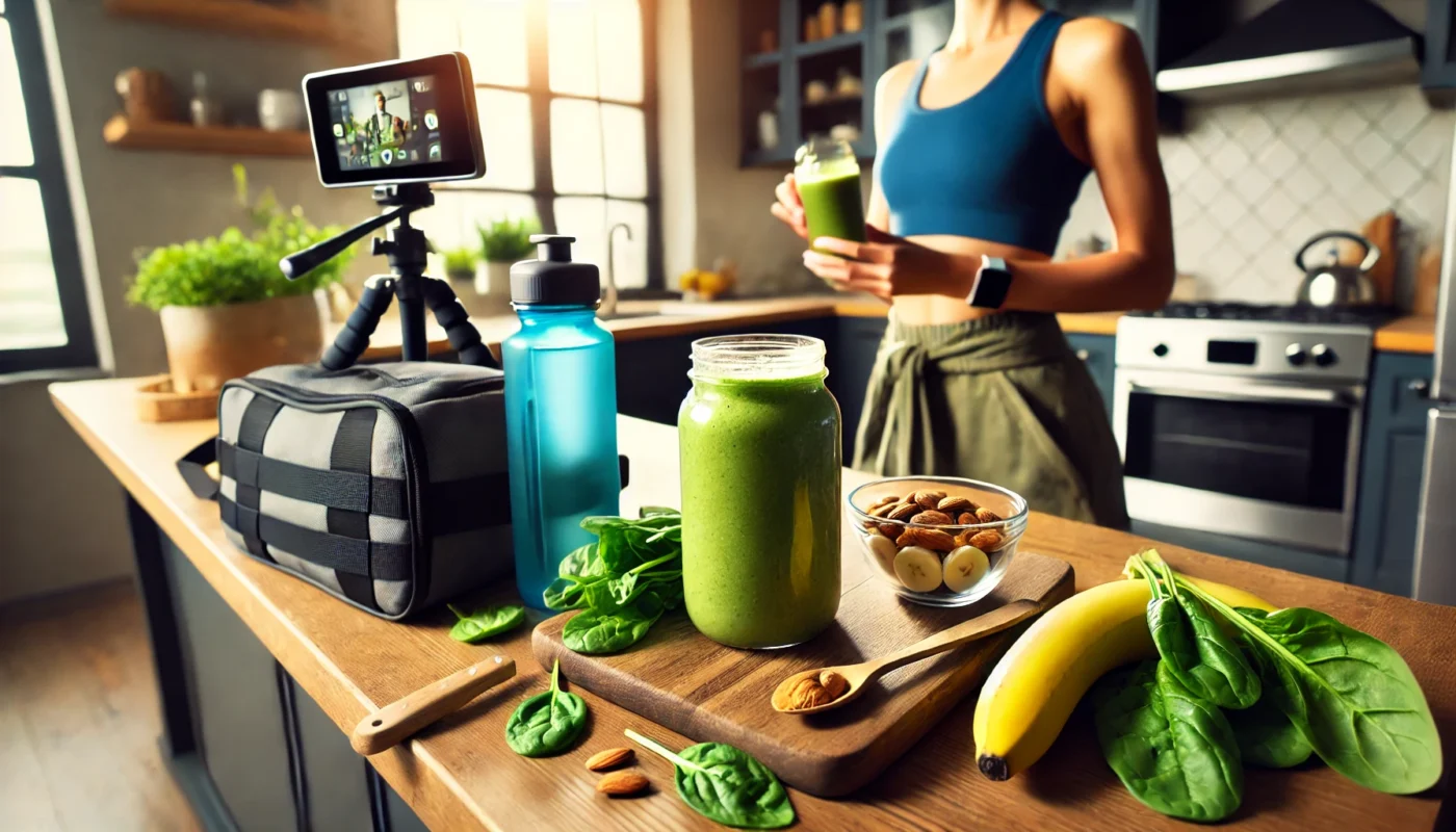 A pre-workout scene with a person preparing a green smoothie in a modern kitchen, surrounded by spinach, banana, and almond butter, symbolizing energy for a workout.