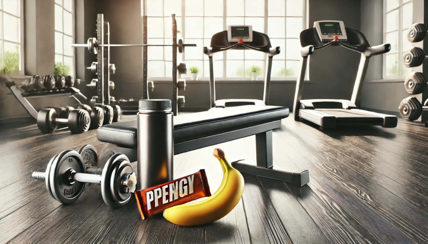 A workout bench in a bright gym with an energy drink, a banana, and a protein bar, representing readiness and energy for exercise.