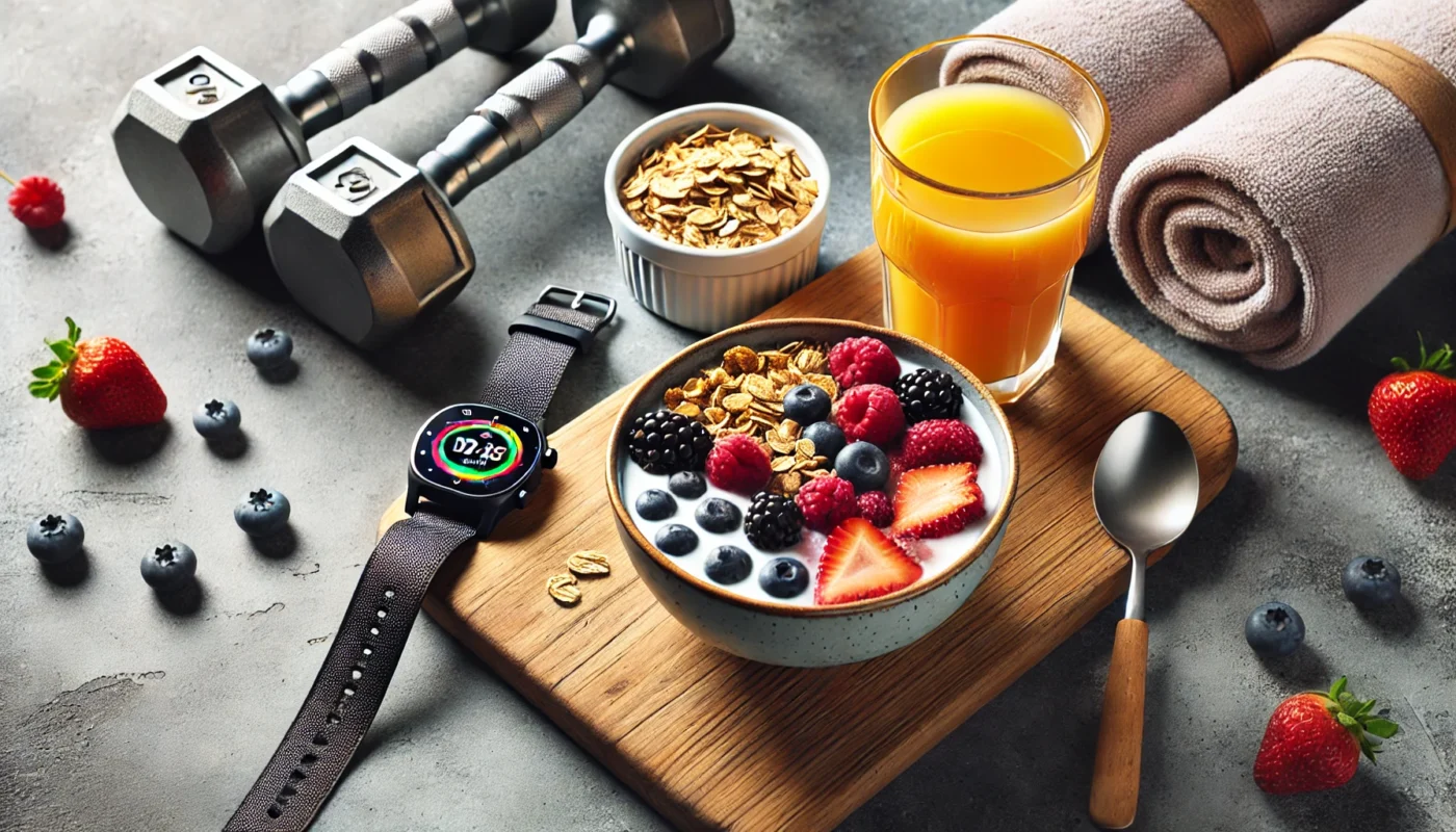 "A breakfast table featuring granola, mixed berries, yogurt, and orange juice, with a gym towel and smartwatch in the background, emphasizing energy preparation for a workout.