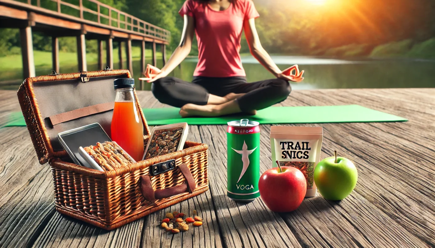 A person practicing yoga outdoors on a green mat, with a picnic basket containing an energy drink, apple slices, and trail mix nearby, symbolizing energy and wellness for exercise.