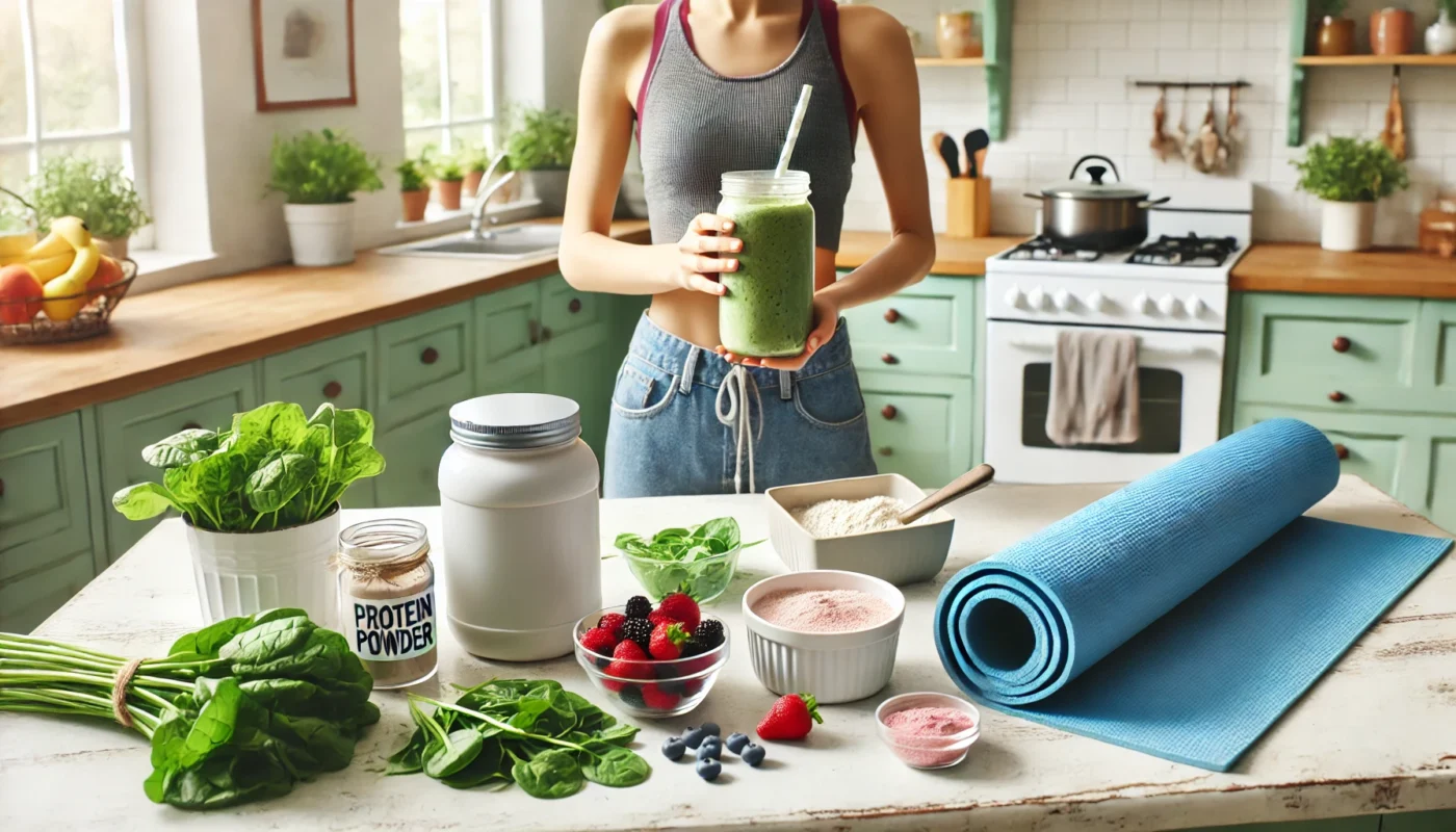 A person preparing a smoothie in a bright kitchen with spinach, berries, and protein powder, alongside a yoga mat, symbolizing the synergy of fitness and nutrition.