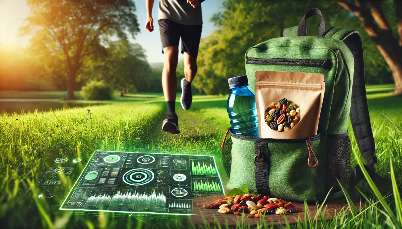 A person running in a vibrant park, carrying a backpack with water bottles and trail mix, emphasizing the connection between fitness and nutrition.