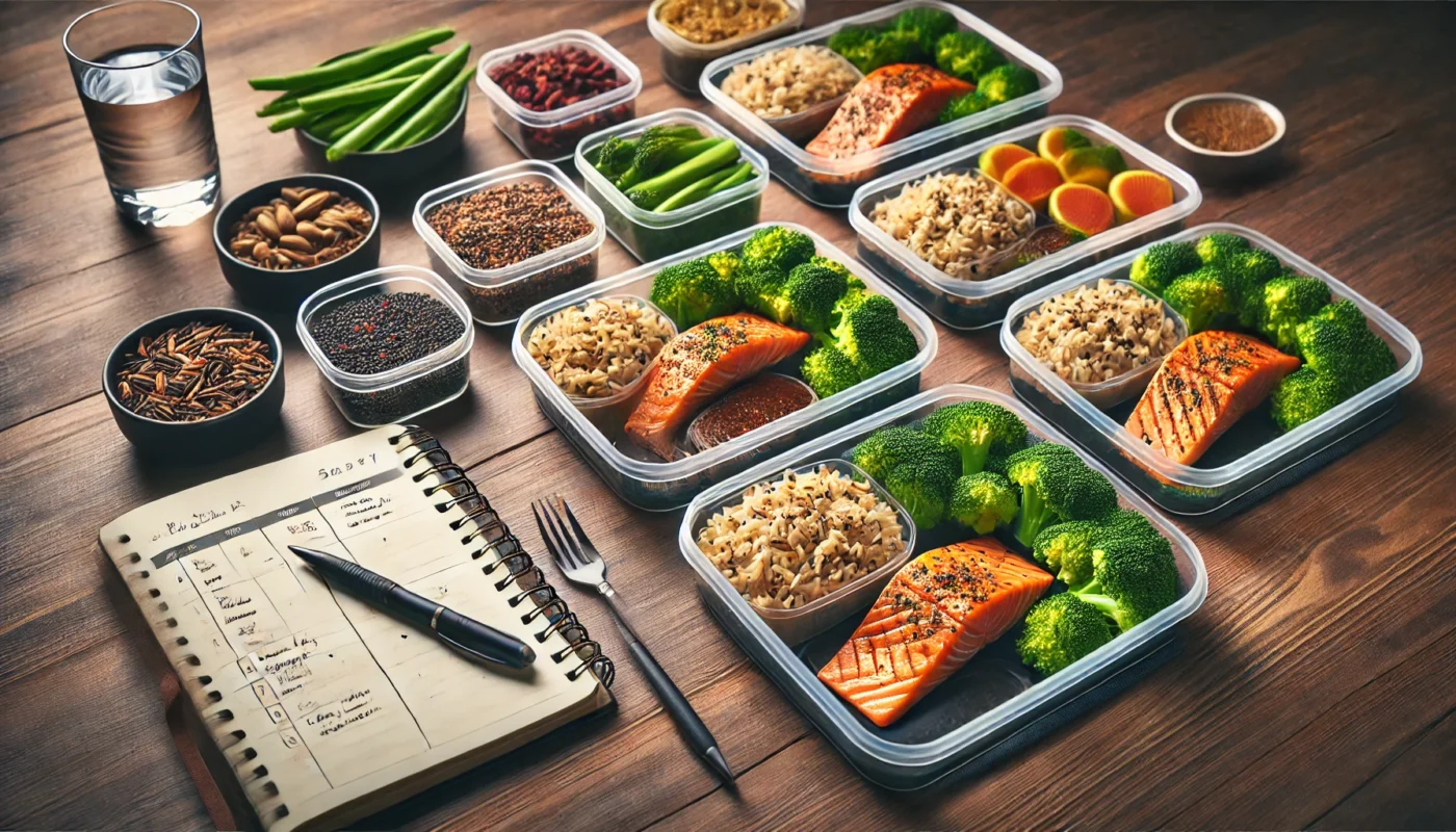 A meal prep setup with containers of grilled salmon, brown rice, and broccoli, along with a notebook and pen for fitness and nutrition planning.