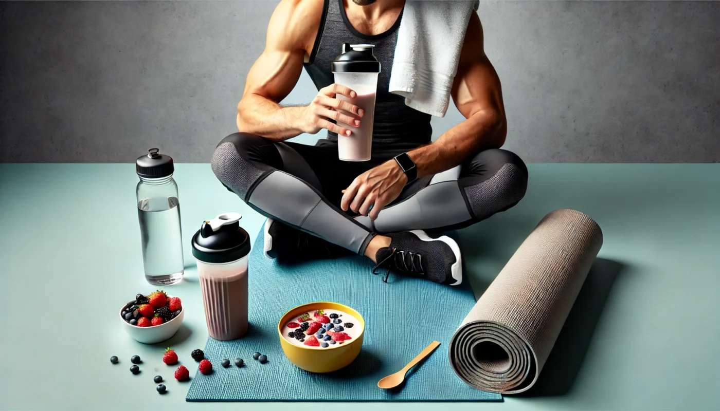 A person in athletic gear sitting on a yoga mat post-workout, drinking a protein shake with a bowl of mixed berries and a water bottle nearby, showcasing quick recovery after workout.