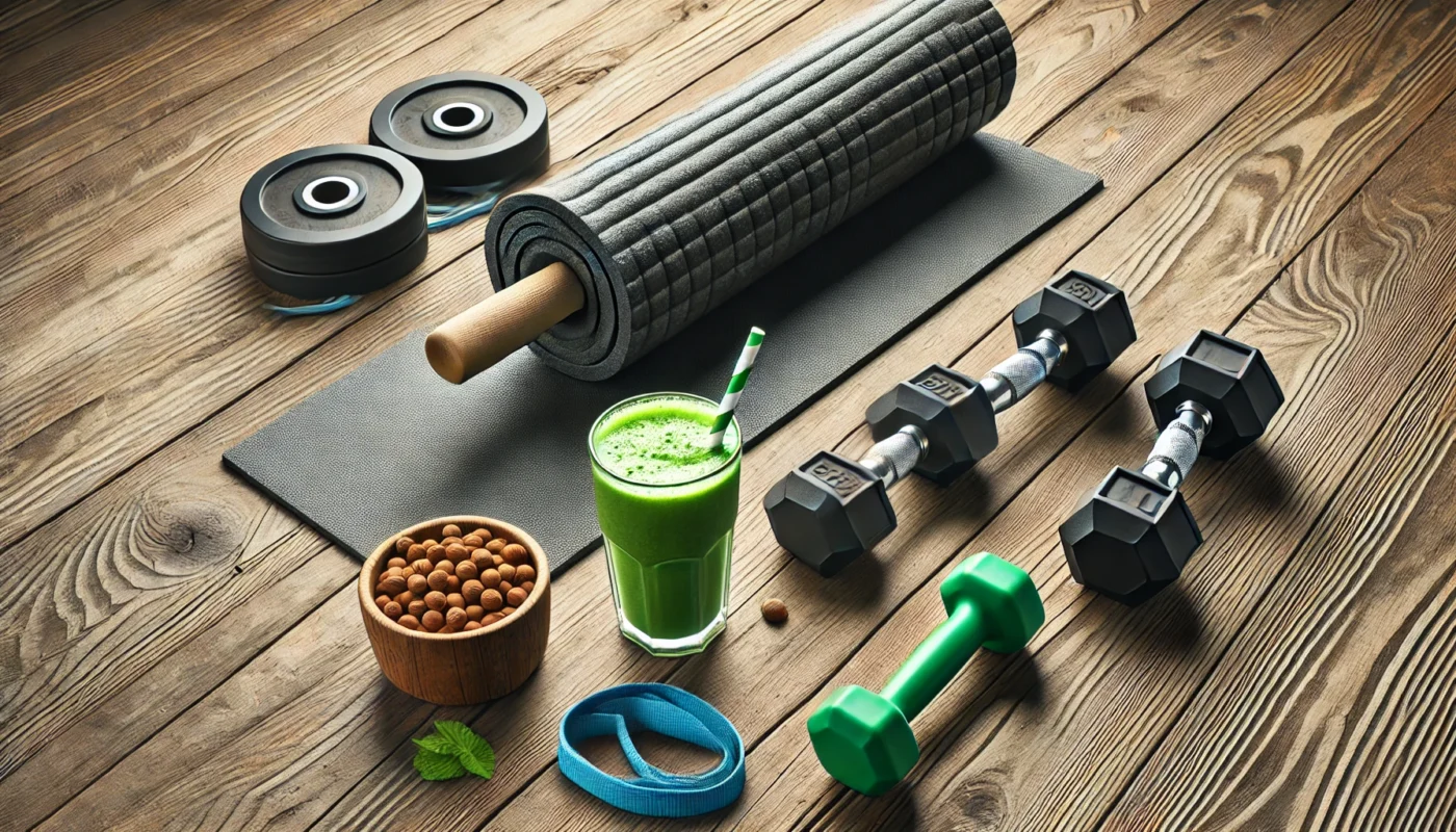 A gym setting with a foam roller, resistance bands, and dumbbells, accompanied by a green smoothie and nuts, representing tools and nutrition for quick recovery after workout.