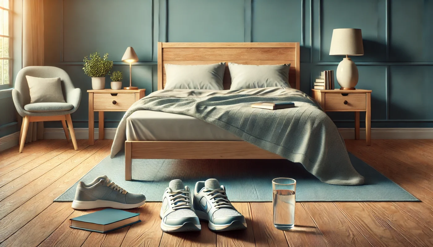 A cozy bedroom with a neatly made bed, athletic shoes nearby, and a bedside table holding a glass of water and a book, symbolizing rest for quick recovery after workout.