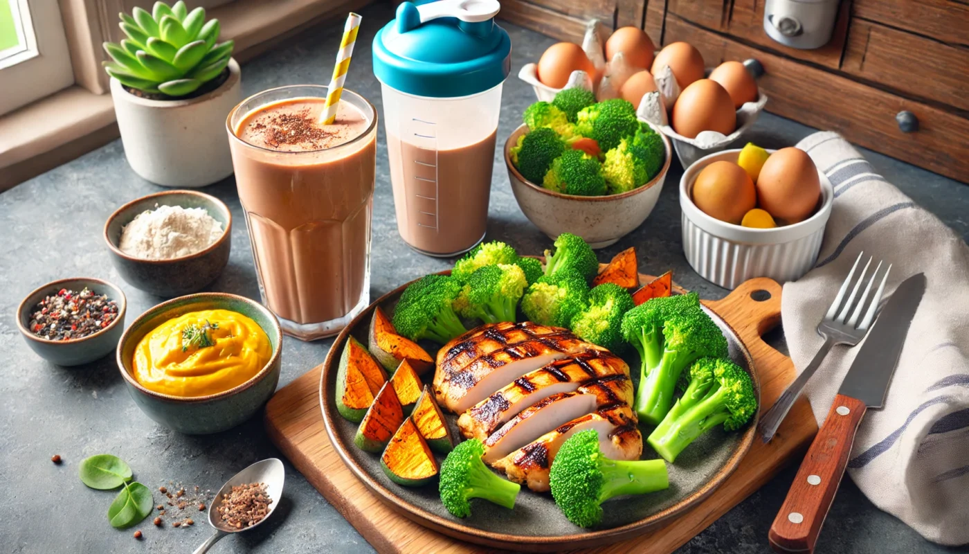 A kitchen counter featuring a post-workout recovery meal with grilled chicken, sweet potatoes, and steamed broccoli, accompanied by a protein shake and a small bowl of fruit, symbolizing quick recovery after workout.