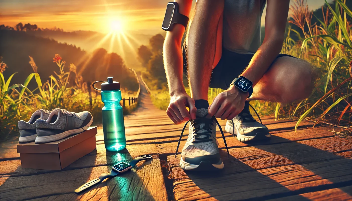 A person tying running shoes on a trail at sunrise, with a smartwatch and water bottle nearby, symbolizing preparation and fitness tips for beginners