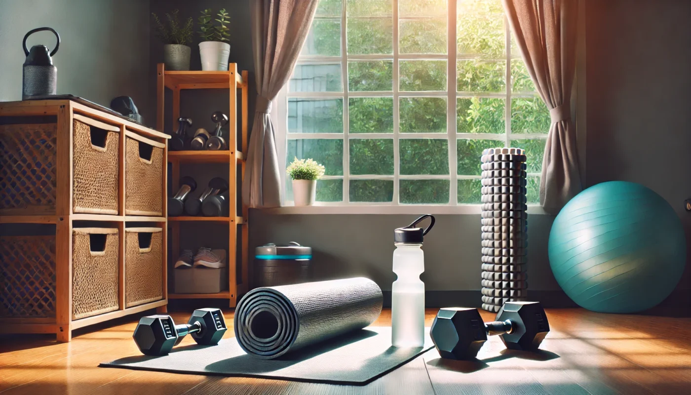 A home gym setup with a yoga mat, dumbbells, foam roller, and water bottle, illuminated by sunlight, representing practical fitness tips.