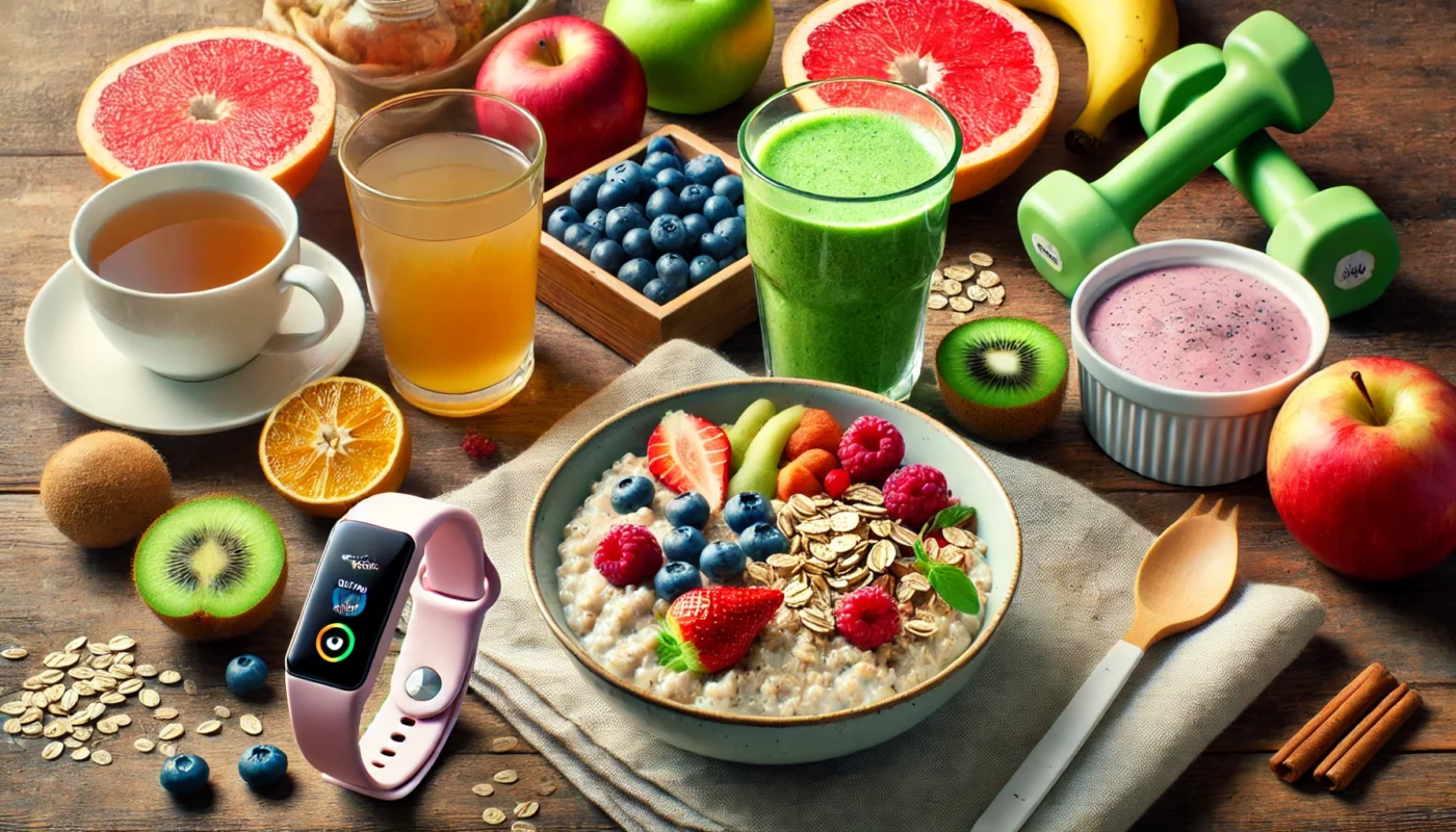 A healthy breakfast spread with oatmeal, fresh fruits, a smoothie, green tea, and a fitness tracker, integrating nutrition and fitness tips for a balanced lifestyle.