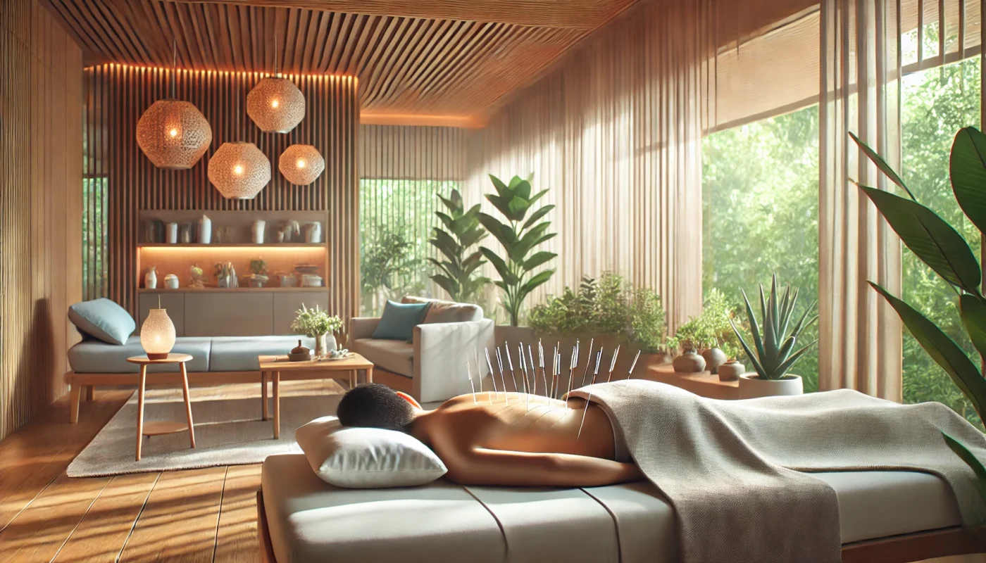 A tranquil acupuncture therapy session in a modern wellness clinic. A patient lies comfortably on a treatment bed with fine needles inserted in their back, surrounded by a soothing environment featuring natural light, plants, and soft wooden decor, evoking relaxation and healing