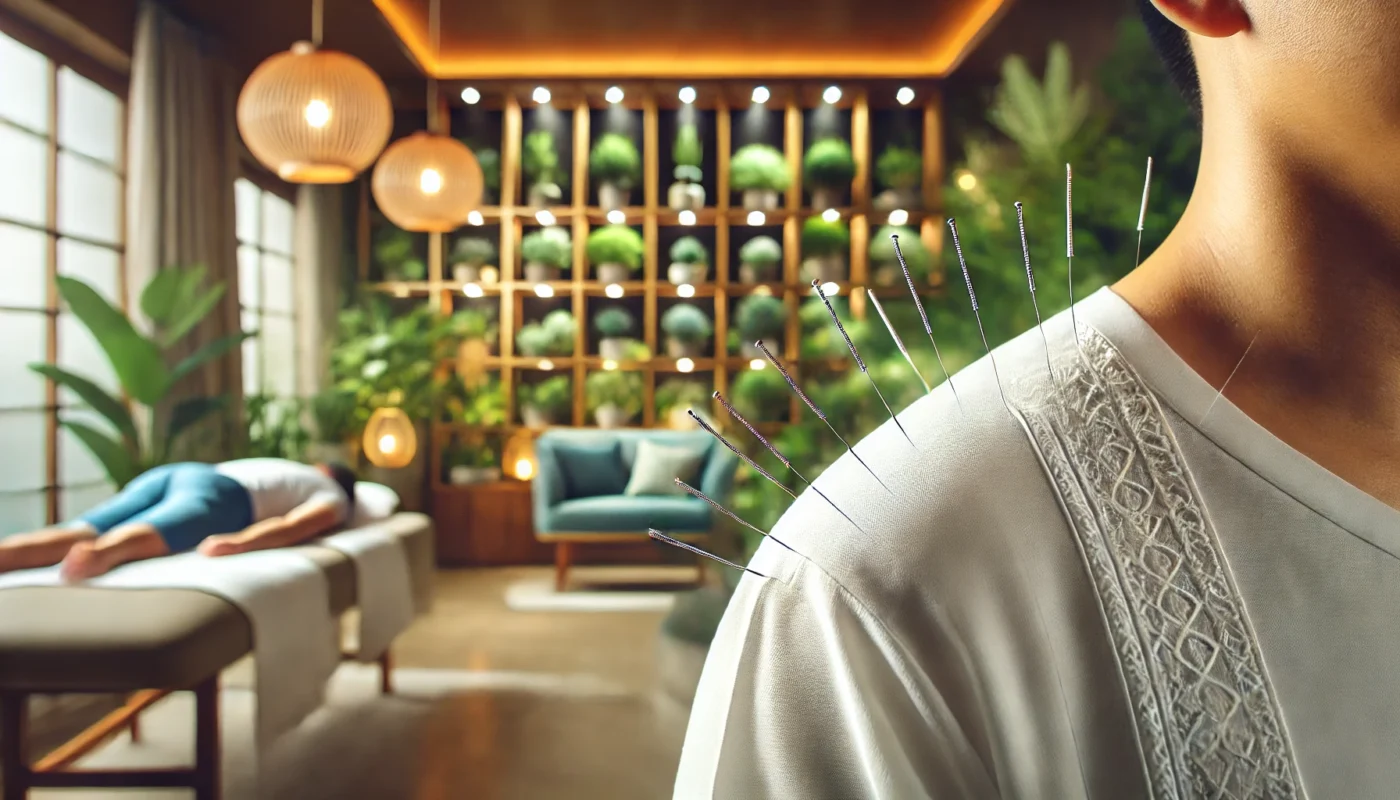 Close-up view of an acupuncture session targeting the shoulder and neck, with fine needles inserted at tension points to relieve muscle strain. The serene clinic features soft lighting, green plants, and wooden decor, creating a calm and therapeutic atmosphere