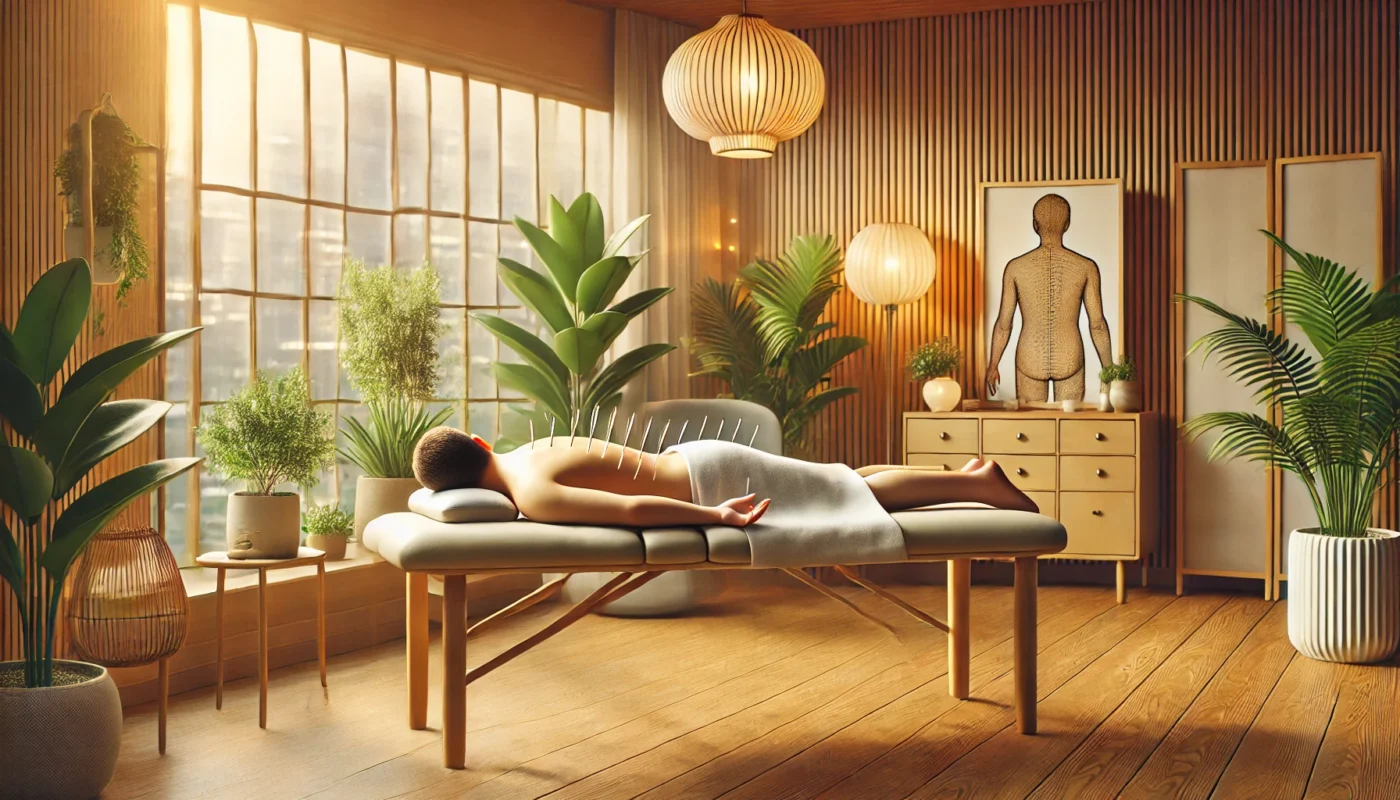 A peaceful acupuncture therapy session targeting the lower back for muscle relief, with fine needles inserted into key tension points. The room features a soothing environment with warm lighting, wooden furniture, and lush green plants, promoting relaxation and healing