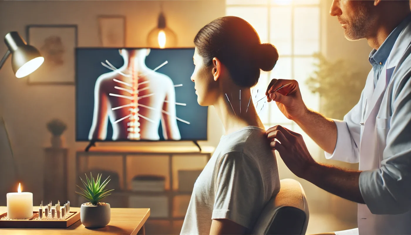 Acupuncture therapy for a pulled neck muscle, showcasing a tranquil clinic atmosphere with the patient seated comfortably while the practitioner works on key acupoints