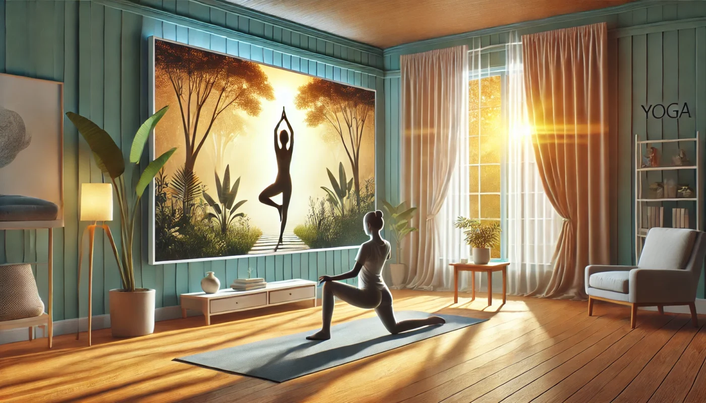 "A serene room where a patient practices yoga for chronic pain management, featuring gentle poses on a mat surrounded by soft natural light and indoor plants for a holistic wellness approach."