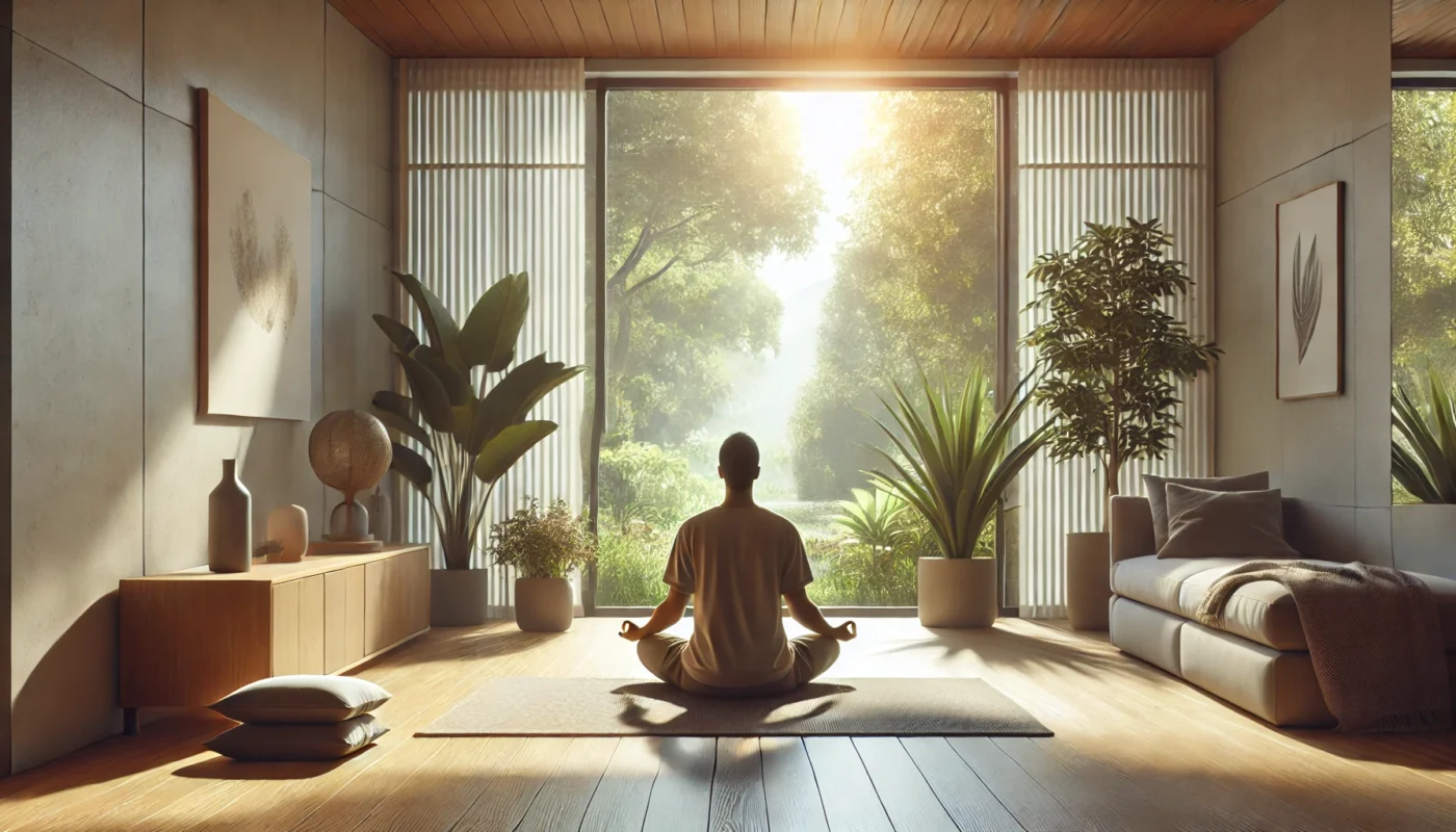 "A serene setting with a person practicing mindfulness meditation for chronic pain relief, seated cross-legged on a cushion in a sunlit room with garden views and minimalist decor."