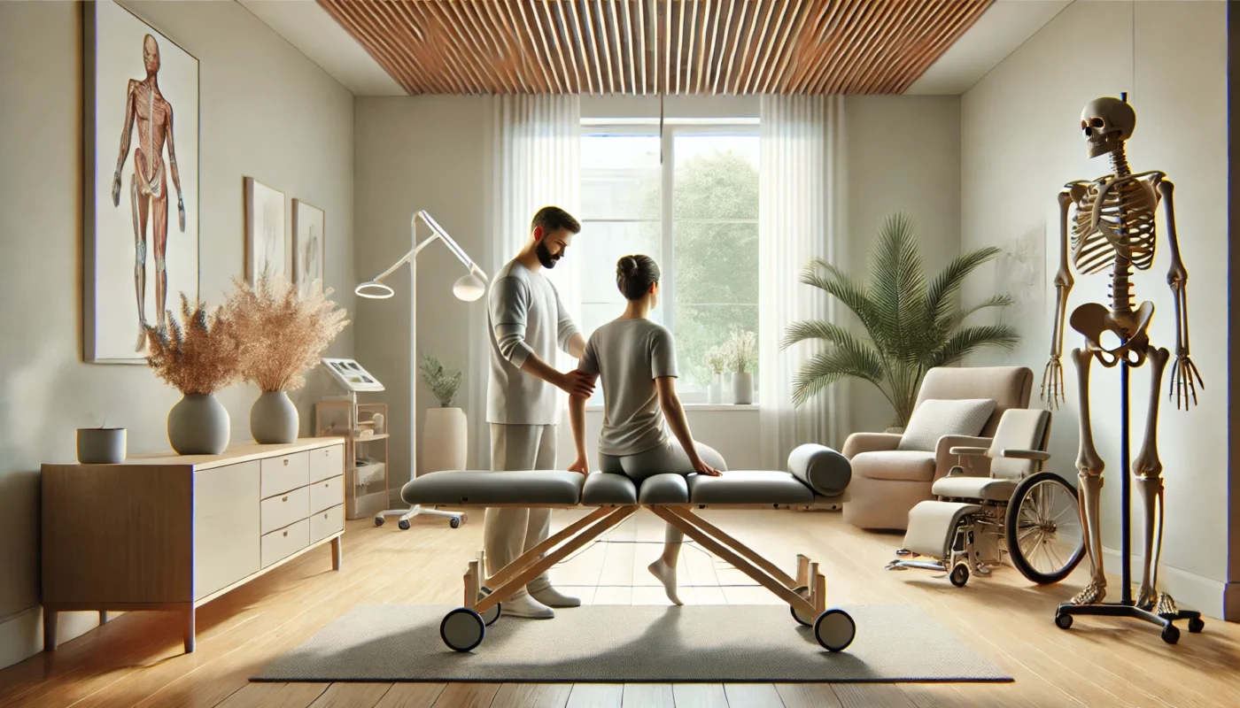 "A serene digital illustration of a professional pain therapist guiding a patient through a mobility exercise in a modern, minimalist clinic. The room is softly lit with natural light, featuring a neutral color palette, ergonomic equipment, and lush indoor plants, emphasizing holistic care and chronic pain management."