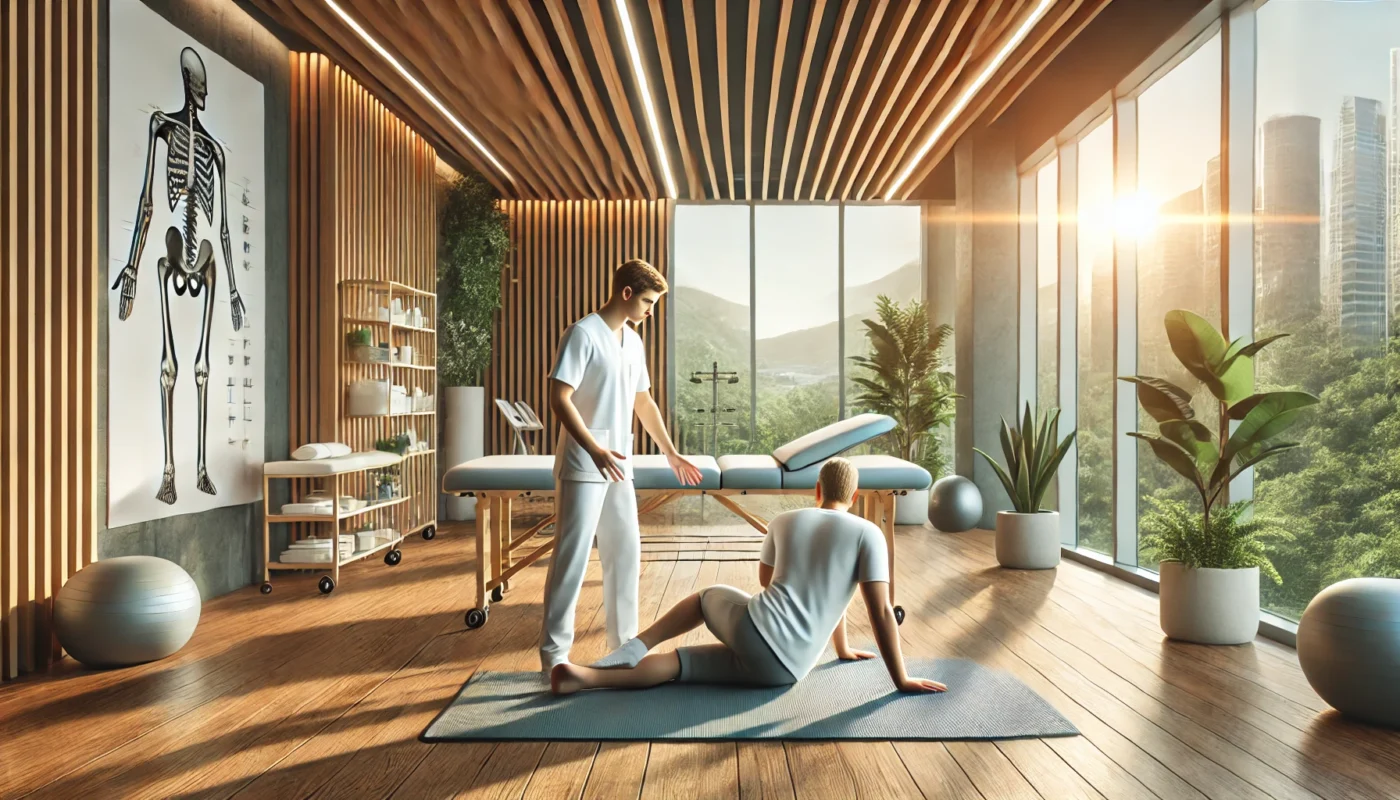 "Illustration of a professional pain therapist in a serene modern medical clinic, demonstrating an exercise to a patient on a therapy mat. The clinic features wooden accents, indoor plants, large windows with natural sunlight, and modern therapy equipment, emphasizing a holistic approach to chronic pain management."