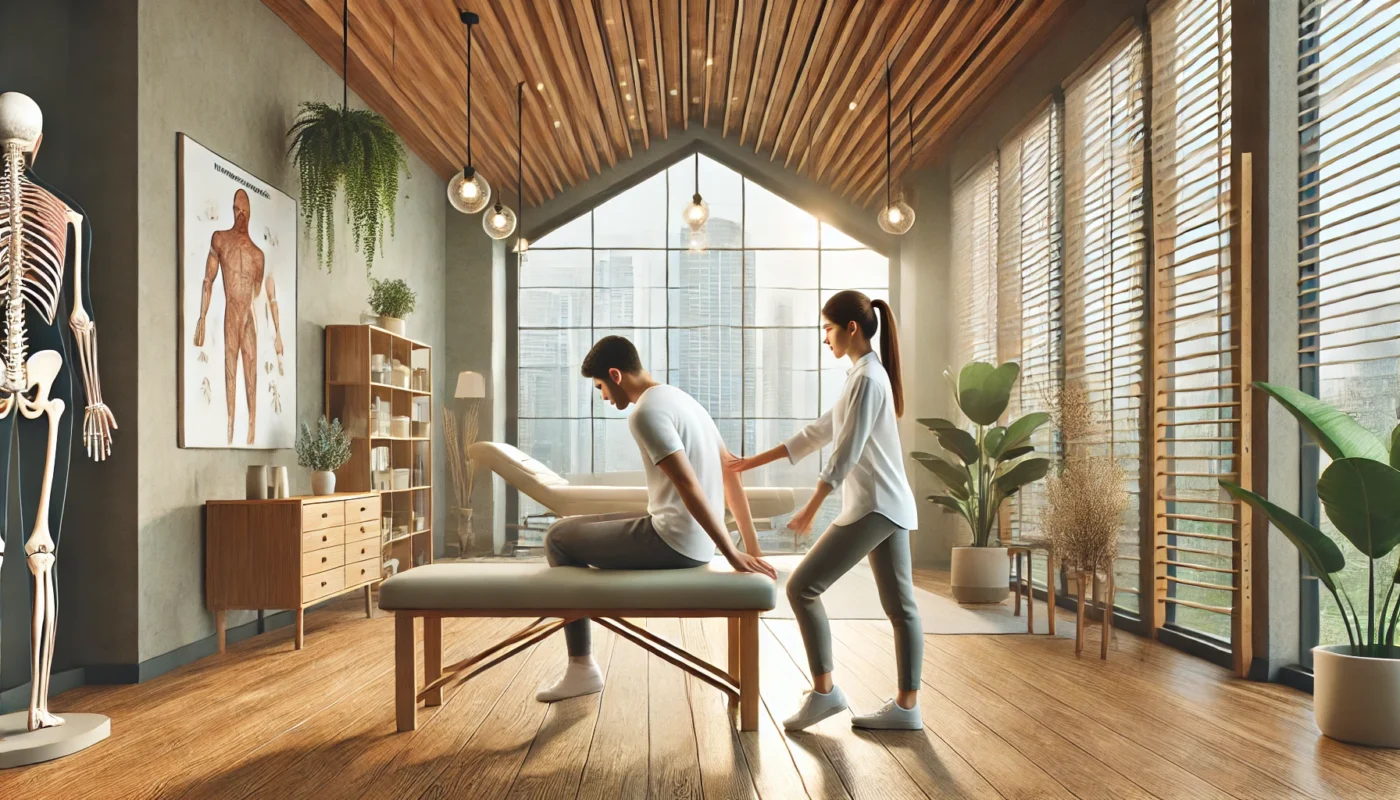 A widescreen digital illustration of a serene and modern pain management clinic. A compassionate pain therapist assists a patient with therapeutic stretching in the foreground. The clinic features large windows, natural light, wooden accents, indoor plants, and calming neutral tones, creating a tranquil and professional atmosphere.