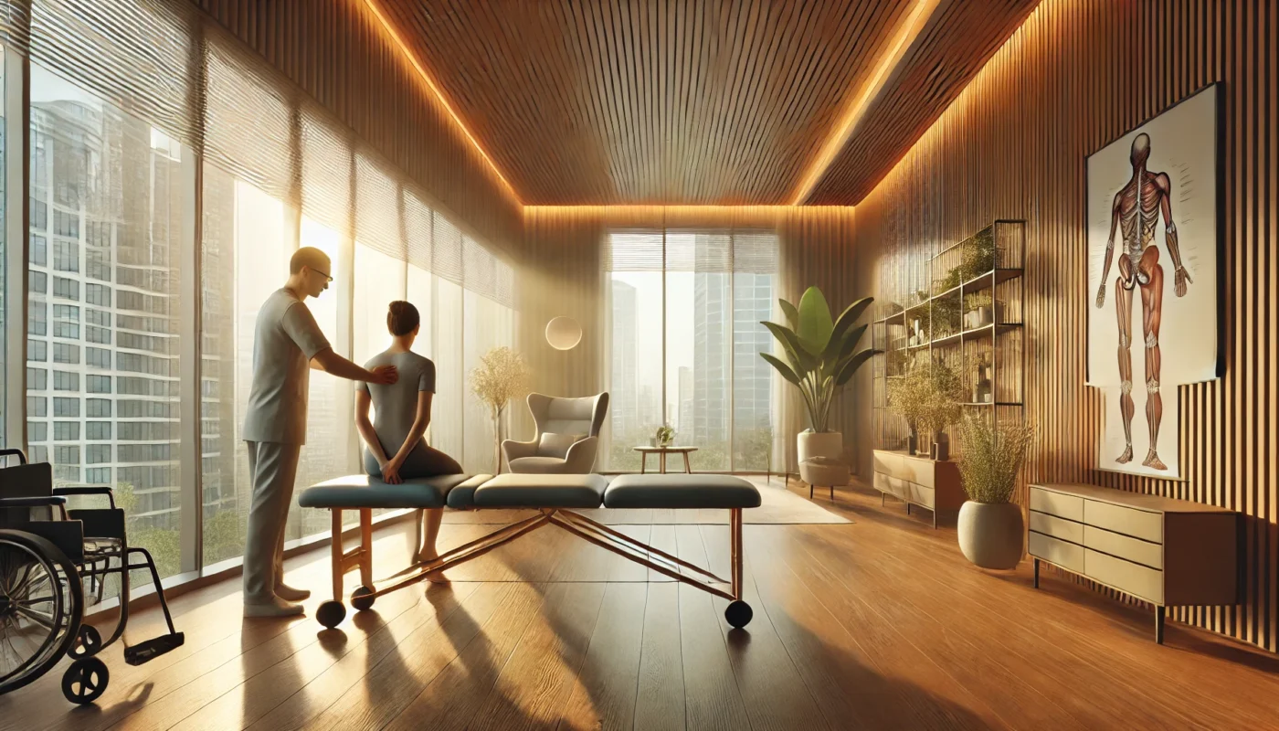 "A calming, widescreen digital illustration of a state-of-the-art pain management clinic. The scene features a modern and serene treatment room with soft lighting, minimalist decor, and a reclining therapy chair surrounded by soothing natural elements, creating a tranquil environment for patient care. Ideal for highlighting the services of a professional pain therapist."