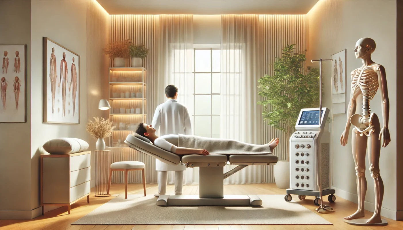 "A calming widescreen digital illustration depicting a serene pain therapy session in a modern clinic. The scene features a professional pain therapist attending to a reclined patient in a minimalist room with soft, natural lighting. Light-colored walls, soothing greenery, and advanced medical equipment create a tranquil atmosphere, emphasizing a holistic and peaceful approach to pain management."