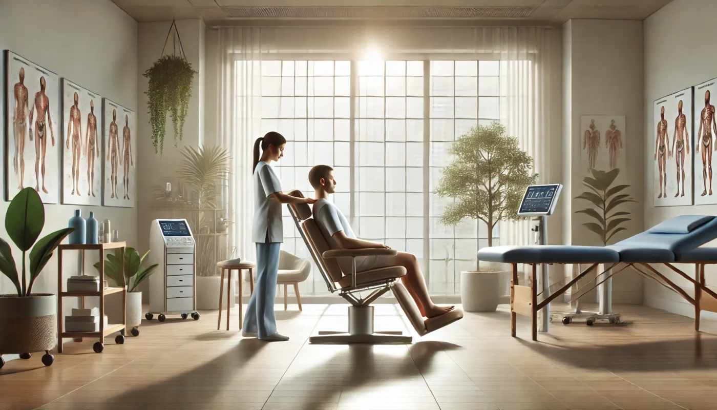 "A widescreen digital illustration of a serene pain therapy session in a modern, minimalist clinic. A professional pain therapist is assisting a patient in a reclining chair, surrounded by calming neutral tones, indoor plants, and advanced medical equipment. Soft natural lighting streams through large windows, emphasizing a tranquil and patient-focused environment."