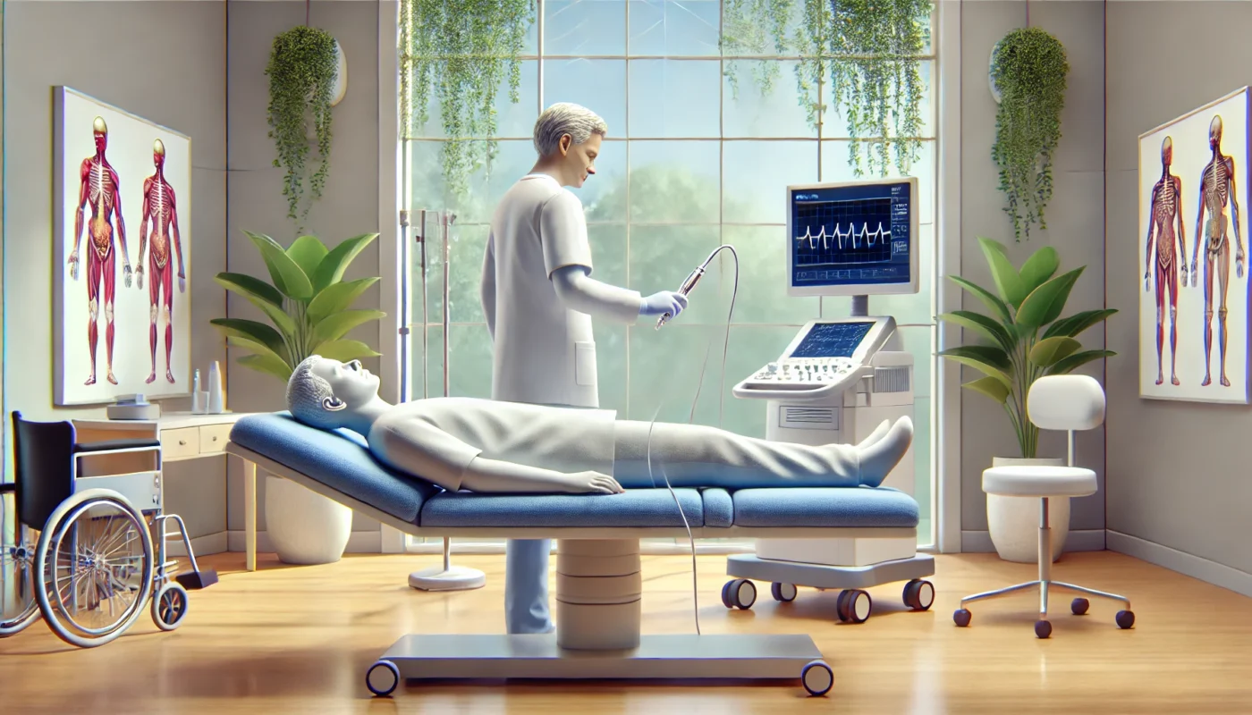 A calming, widescreen digital illustration depicting a pain management anesthesiologist performing a nerve block injection on a reclining patient in a serene, modern clinic. The space is softly lit with natural sunlight filtering through large windows, with advanced medical equipment and decorative plants enhancing the tranquil ambiance.