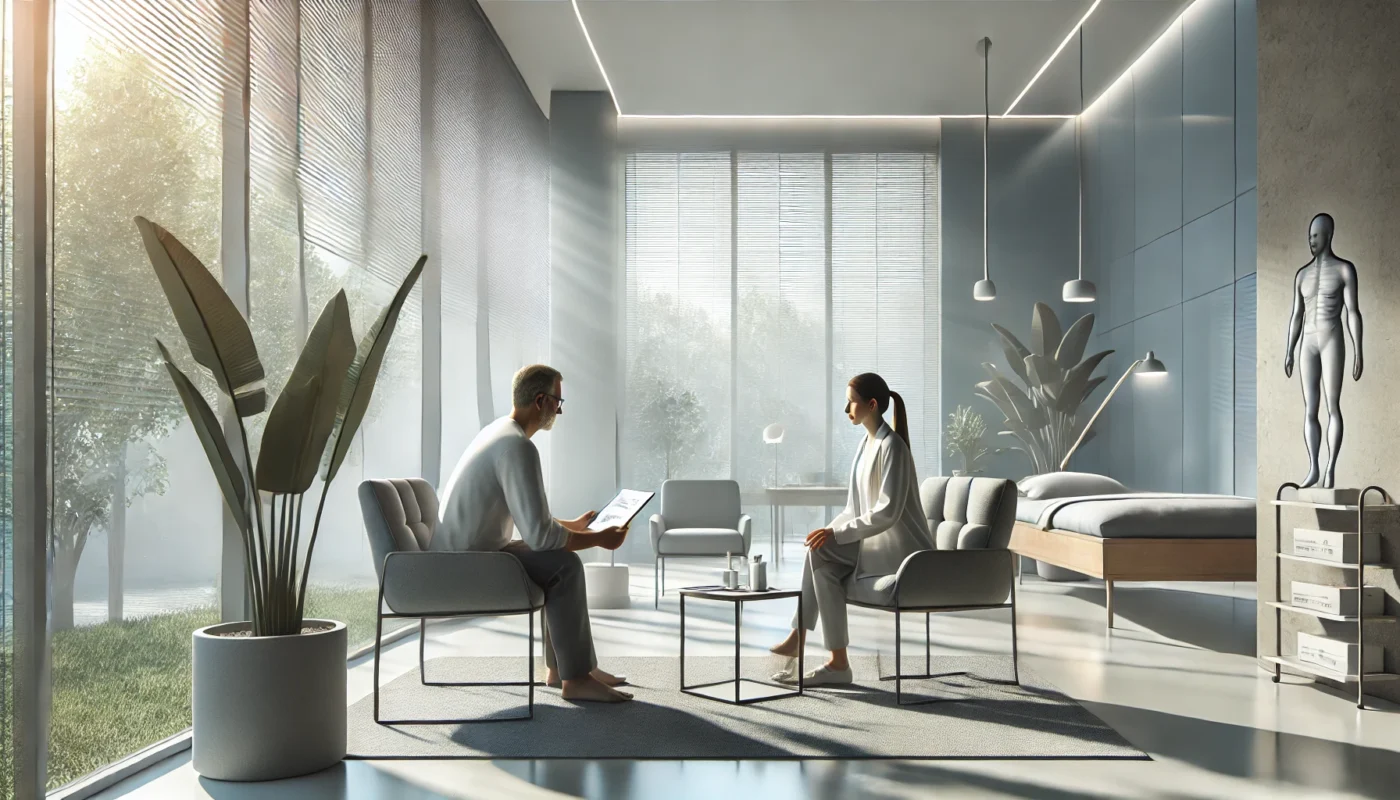 A serene, widescreen digital illustration of a modern pain management clinic. The image shows a professional pain therapist consulting with a patient in a tranquil, minimalist setting. The environment includes natural sunlight streaming through large windows, soothing indoor plants, and neutral-toned furniture, creating a calming and comforting atmosphere.