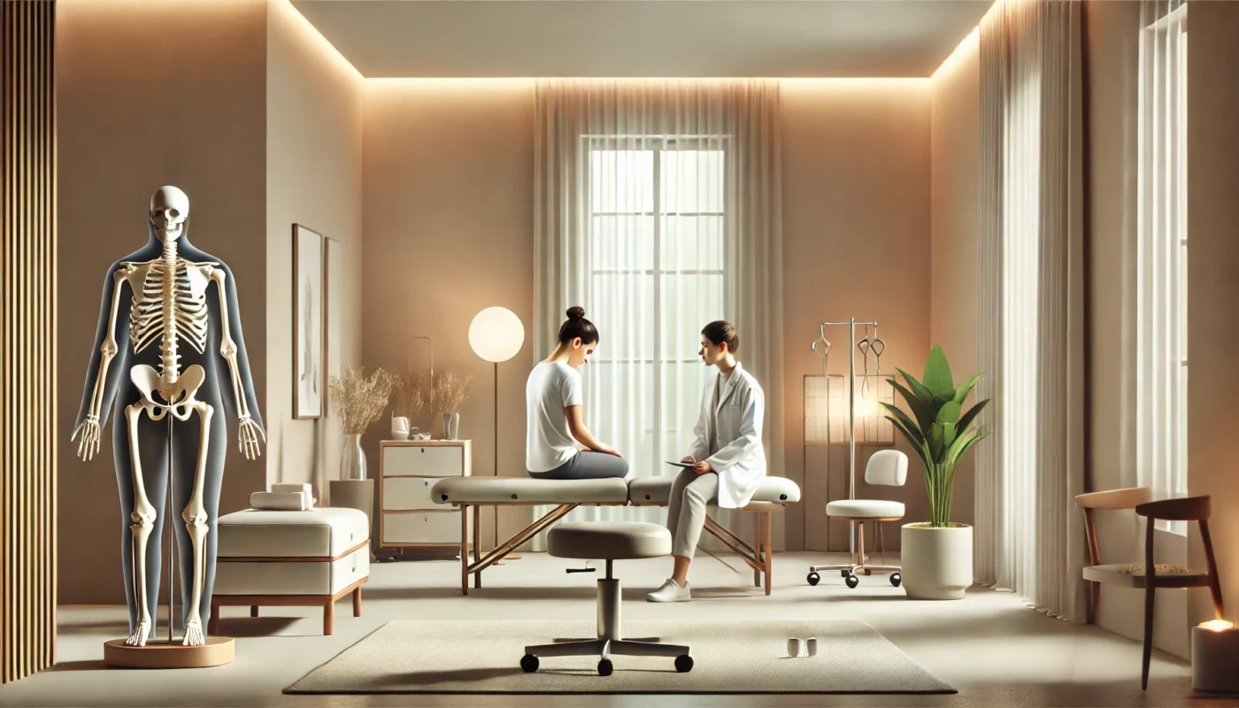  A calming, widescreen digital illustration of a modern pain therapy clinic featuring a serene therapy room. The room has natural light streaming through large windows, a comfortable treatment chair, and soothing, minimalist decor to create a relaxing atmosphere. Perfect for illustrating a pain therapist's practice or a wellness-focused clinic environment.