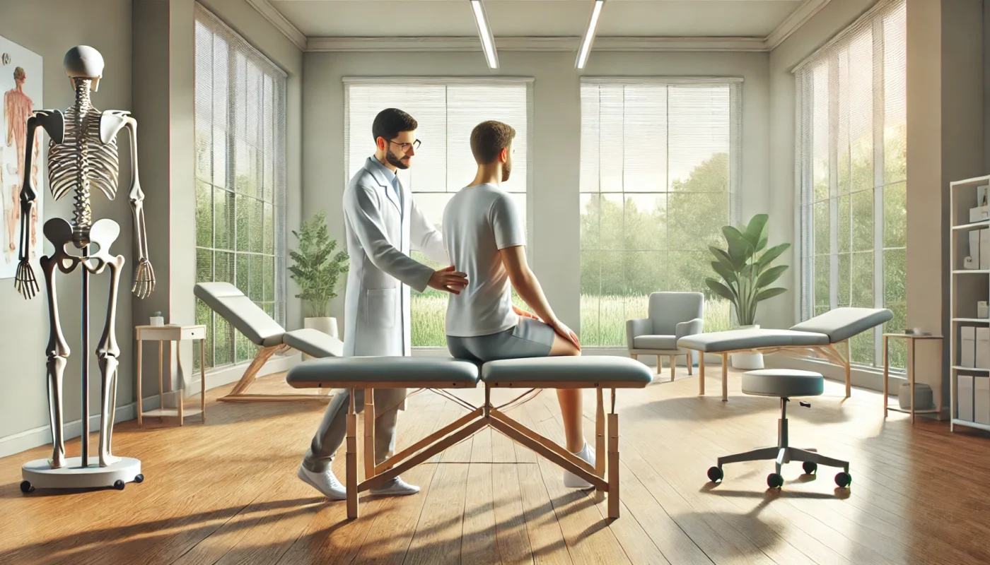 A serene, widescreen digital illustration showcasing a professional pain therapist assisting a patient with gentle physical therapy exercises in a bright, modern clinic. The space features ergonomic furniture, green plants, and large windows with a tranquil garden view, creating a calm and supportive atmosphere.