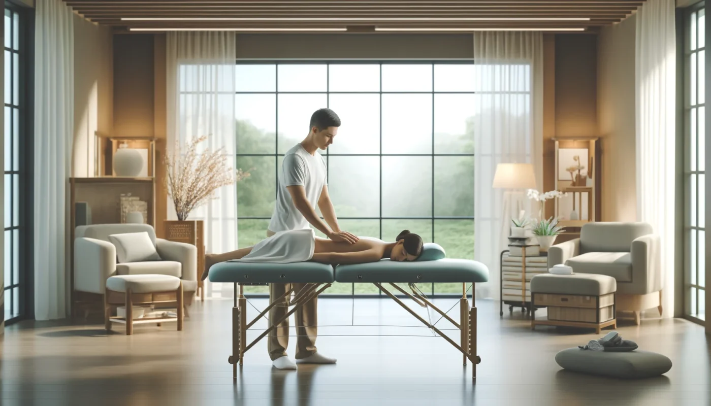 "Serene, widescreen digital illustration of a professional pain therapist in a modern clinic setting, featuring a calming atmosphere with soft lighting and soothing natural elements, designed to convey relaxation and healing."