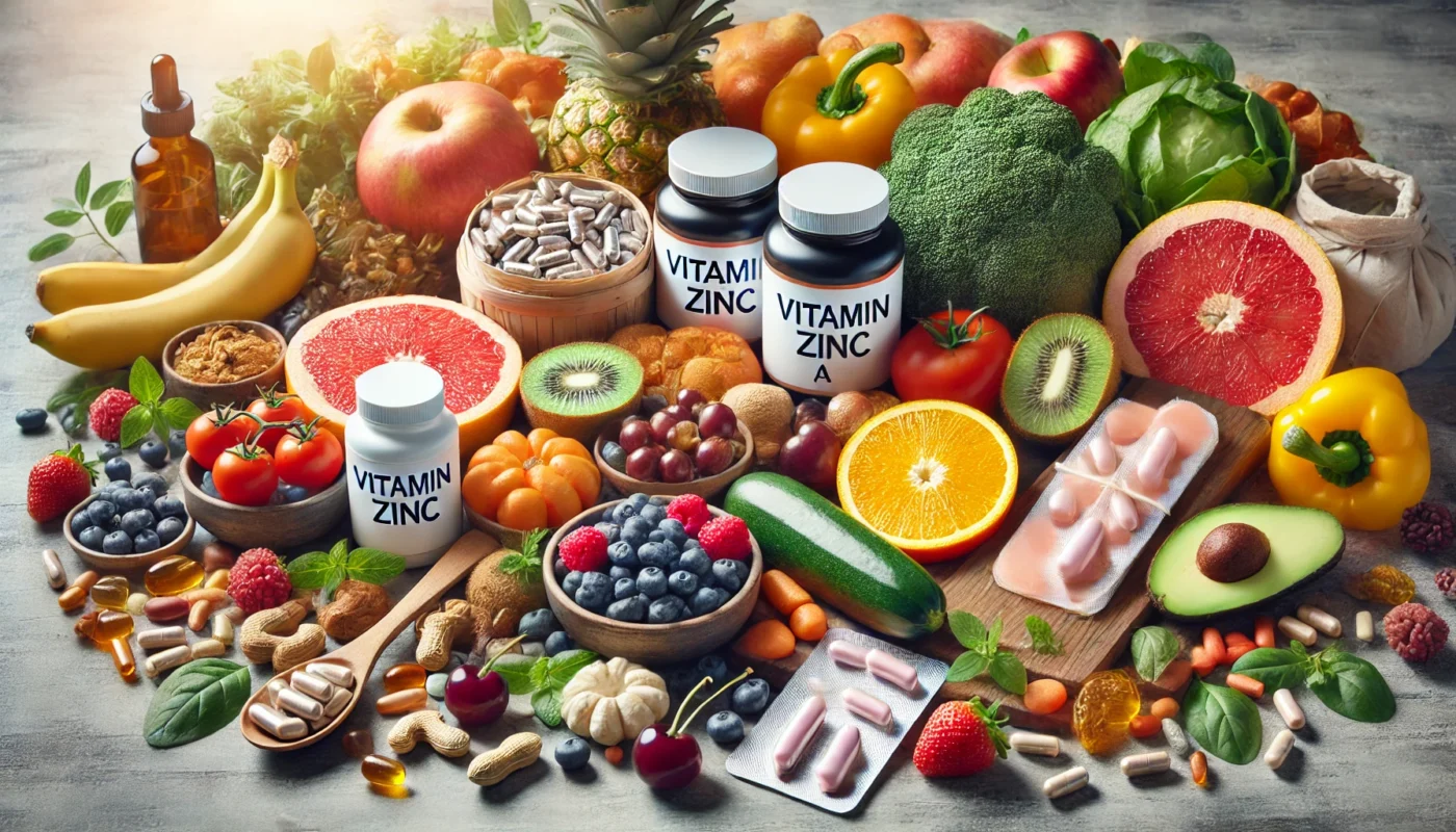 A still-life composition of wound healing supplements, including vitamin C, zinc, vitamin A, and omega-3 capsules, alongside fresh produce and nuts.