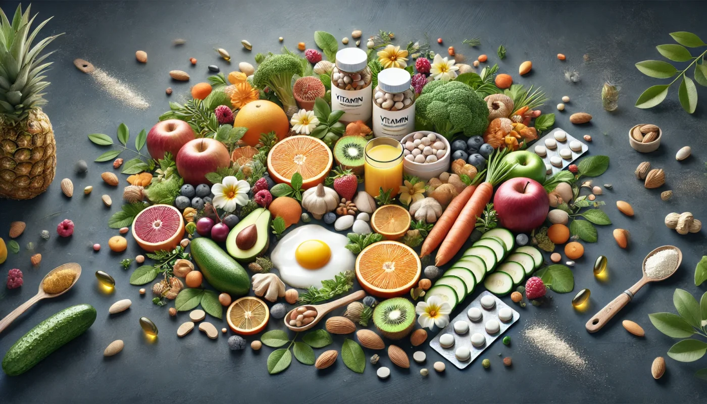 A digital rendering of essential vitamins and minerals for wound healing, showcasing natural sources such as fresh fruits, vegetables, nuts, and supplements.