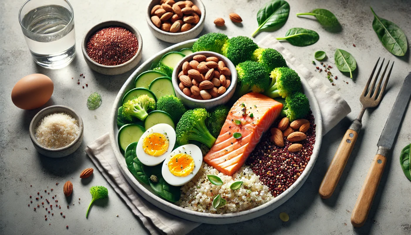 A visually appealing meal designed for wound healing, featuring grilled salmon, quinoa, steamed broccoli, a boiled egg, and a side of mixed nuts.