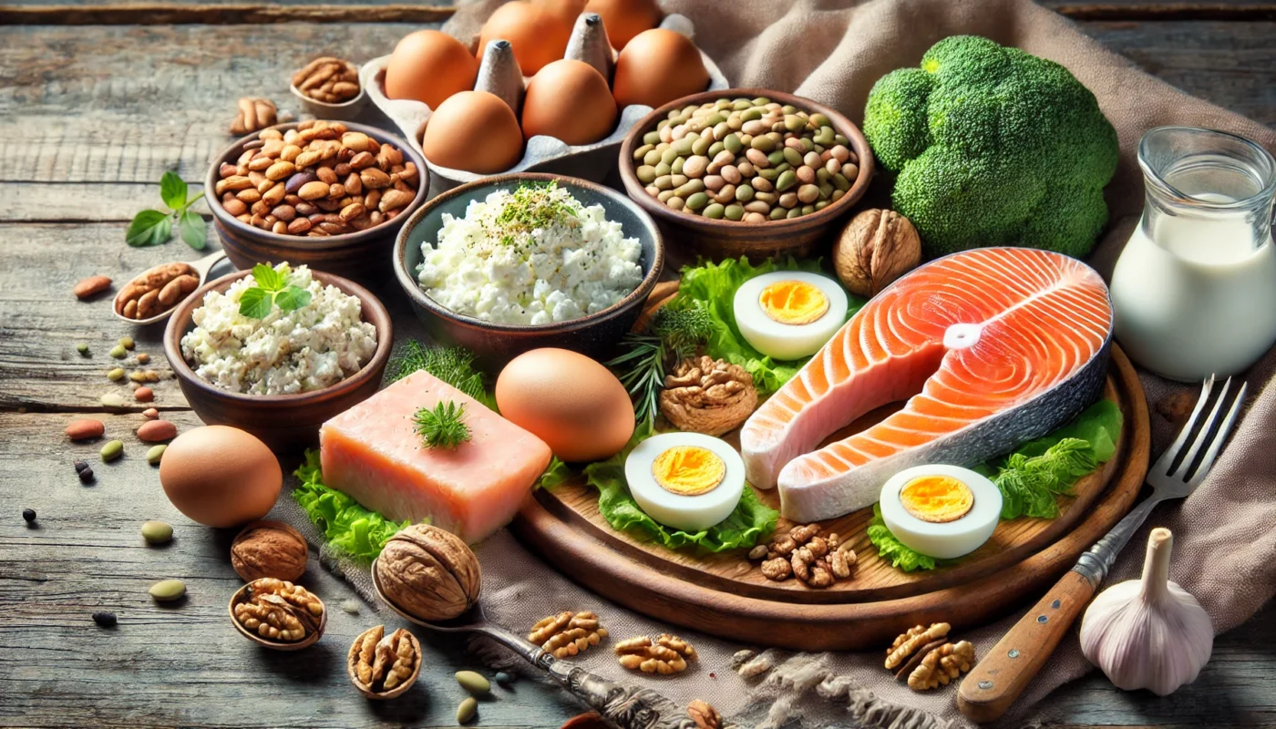 A beautifully arranged still-life composition of protein-rich foods, featuring fresh salmon, grilled chicken, cottage cheese, walnuts, and mixed beans.