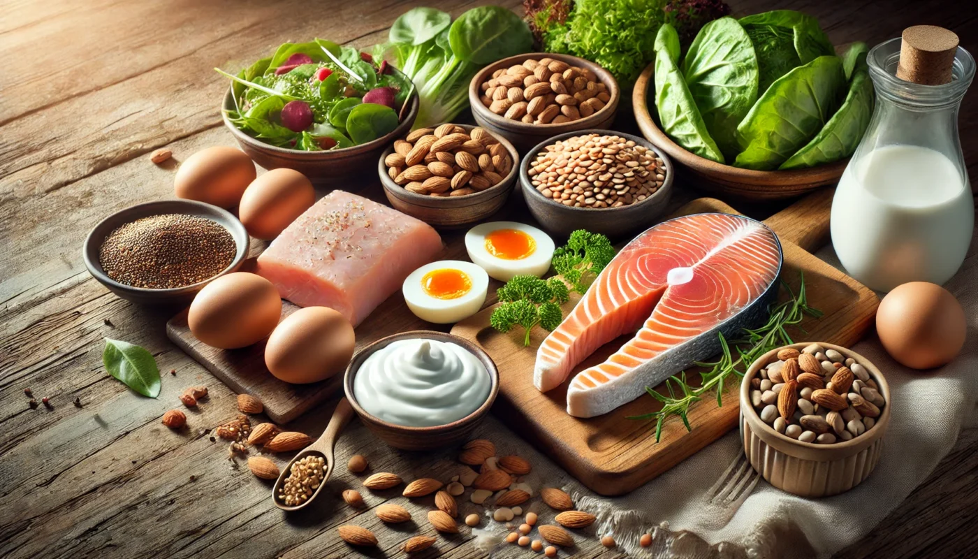 A variety of protein-rich foods arranged on a wooden table, including salmon, lean chicken, Greek yogurt, eggs, almonds, lentils, and leafy greens.