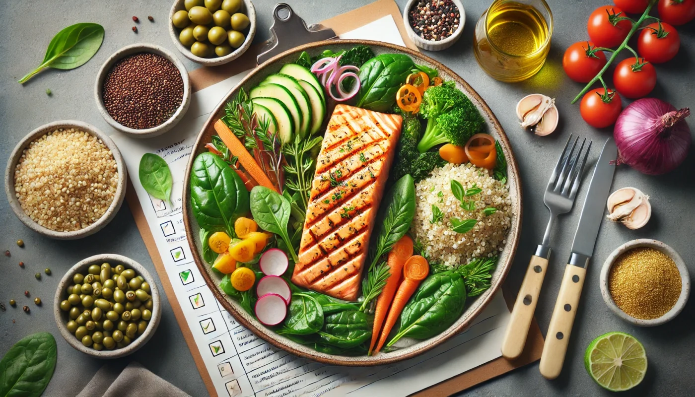  "A visually appealing meal designed for optimal wound healing, highlighting grilled salmon, leafy greens, quinoa, and a mix of vitamin-packed vegetables like carrots and bell peppers."