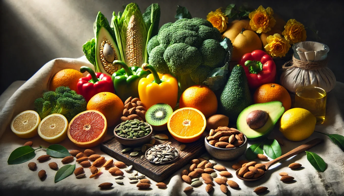 "A beautifully arranged still-life composition of vitamin-rich foods beneficial for wound healing, featuring an assortment of fresh fruits, vegetables, and healthy fats."