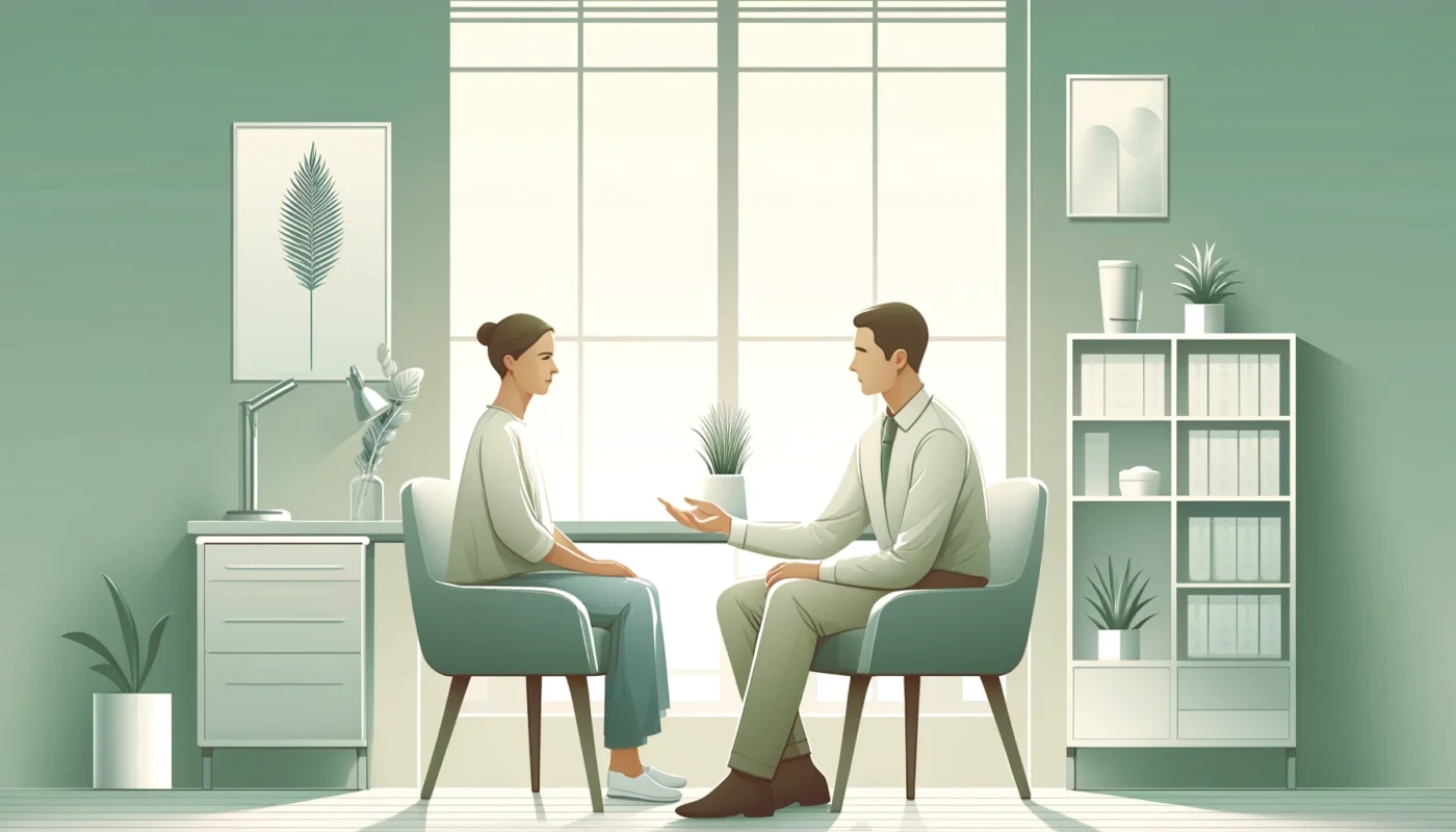 "A calming digital illustration of a pain therapist consulting with a patient in a modern clinic. The minimalist interior, soft natural light, and neutral color palette create a serene environment, emphasizing a holistic approach to pain management and therapy."