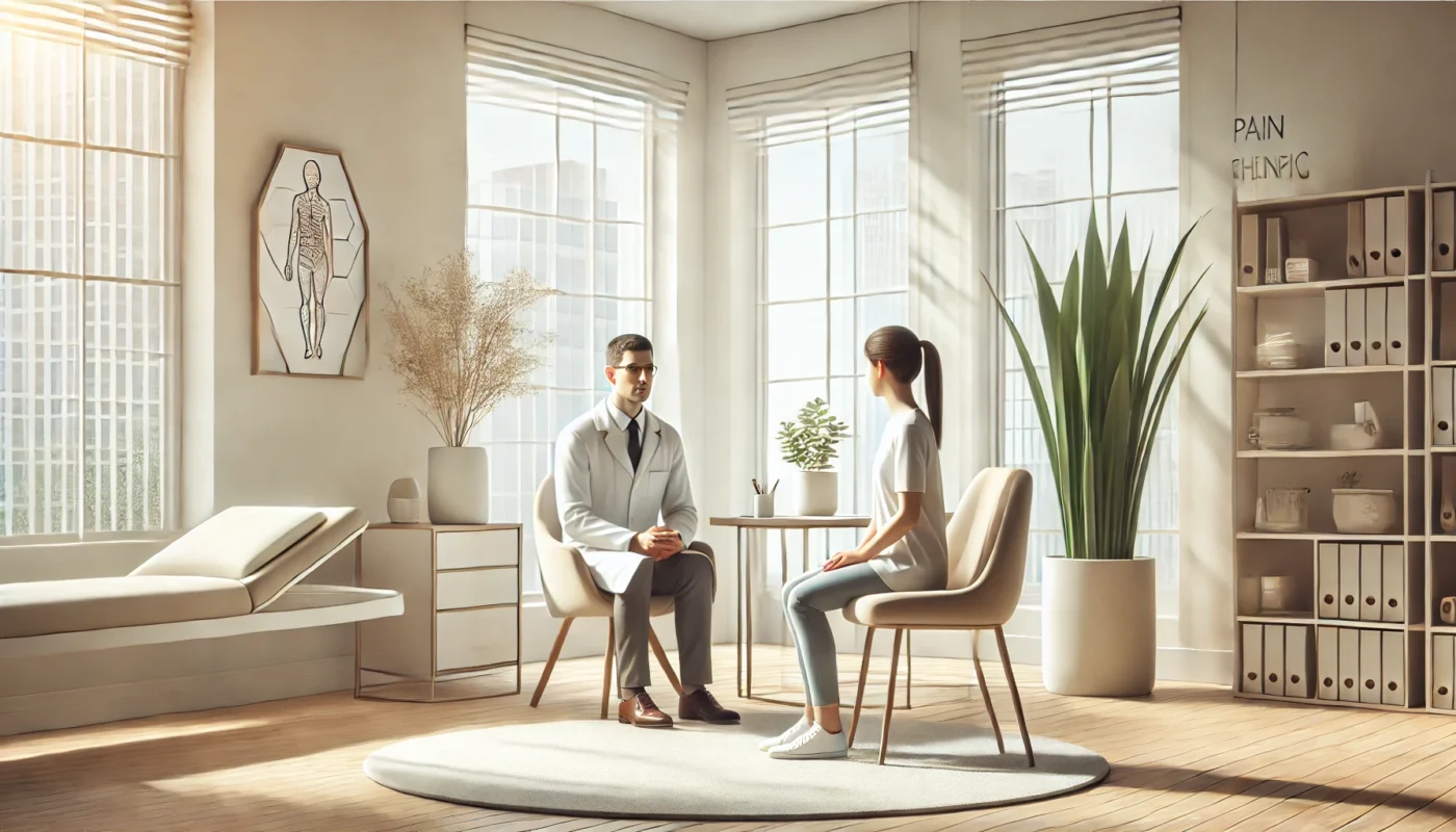 "A calming, widescreen digital illustration of a professional pain therapist in a modern clinic, seated in a consultation room with a patient. The setting features minimalist furniture, soft neutral tones, indoor plants, and large windows allowing natural light to flood in, evoking care, expertise, and tranquility."