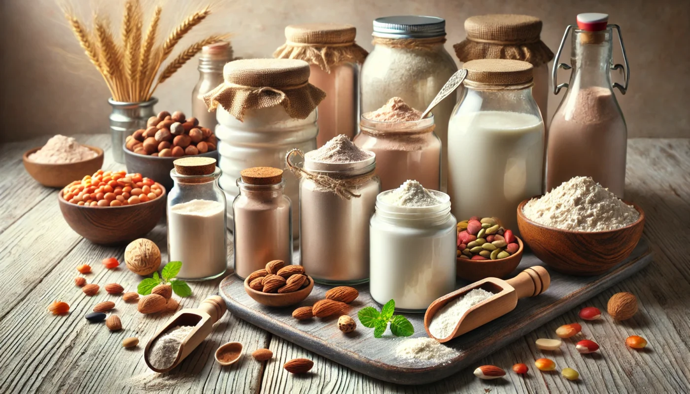 "A beautifully arranged still-life composition of assorted protein powders for wound healing. The scene features open jars of whey, casein, and plant-based protein powders with small scoops, surrounded by fresh ingredients like nuts, seeds, and legumes on a warm wooden surface."
