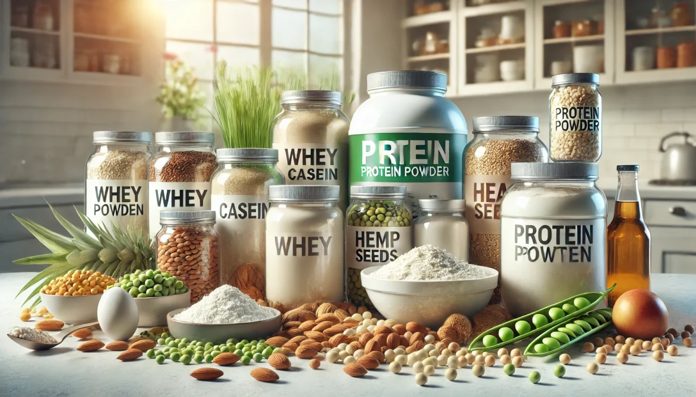 "A high-quality digital rendering of various protein powder sources for wound healing. The image showcases an assortment of whey, casein, and plant-based protein powders, accompanied by natural sources such as almonds, peas, hemp seeds, and soybeans in a modern kitchen setting."