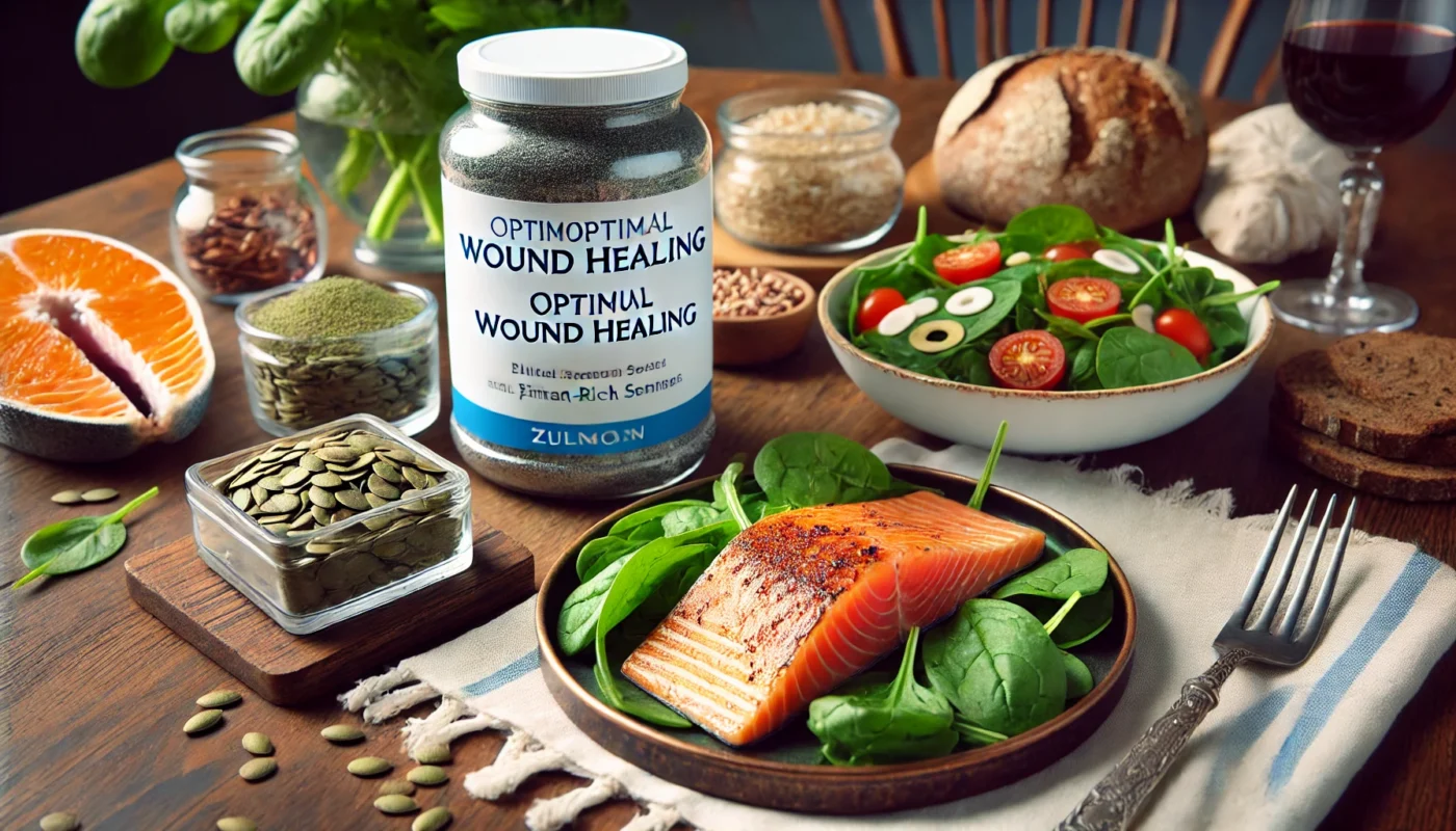 Zinc-Rich Meal for Healing – A health-focused meal featuring grilled salmon, spinach salad with pumpkin seeds, and a side of whole grains, arranged elegantly on a dining table to emphasize a balanced diet rich in essential nutrients for recovery.